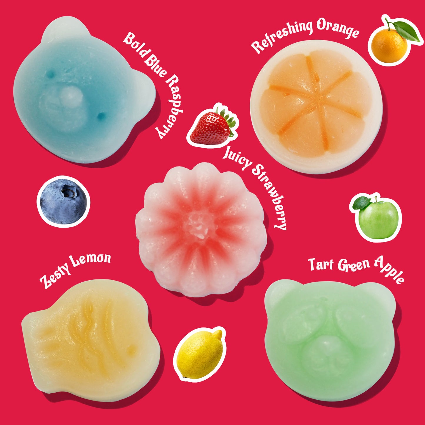 Gummy Glow Chewy Wax Candy in Strawberry, Lemon, Orange, Blueberry, and Green Apple Flavors
