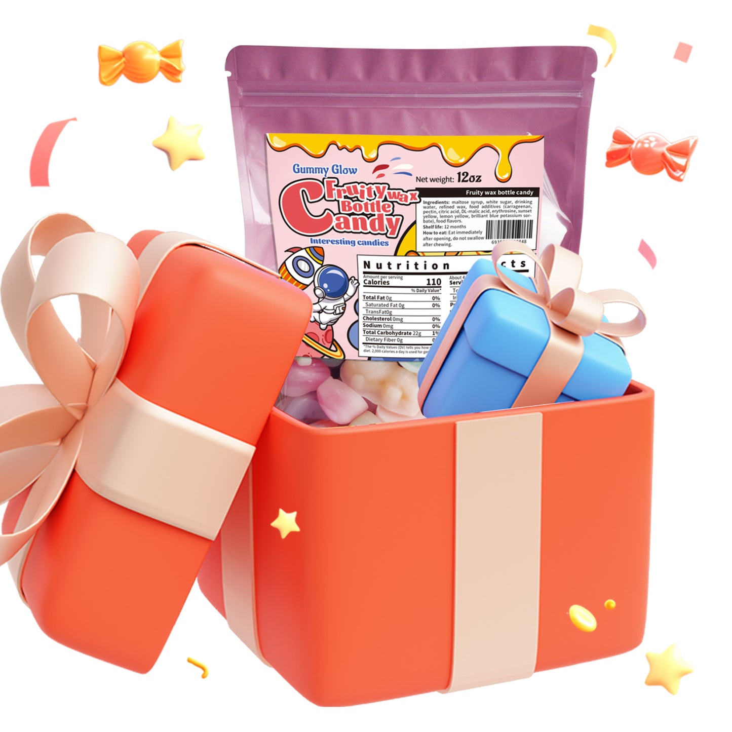 Gummy Glow Chewy Wax Candy in Strawberry, Lemon, Orange, Blueberry, and Green Apple Flavors